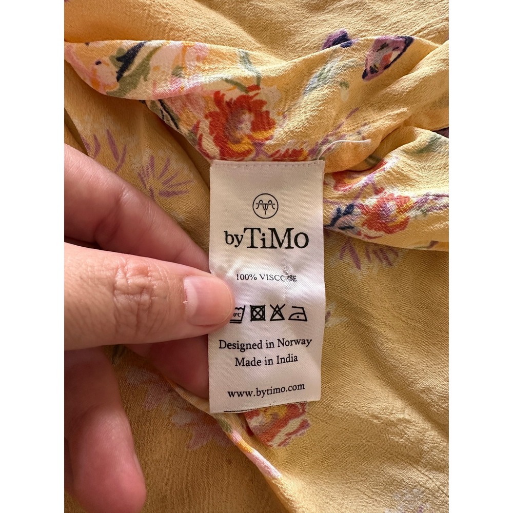 byTiMo Yellow Floral Ruffle Smocked Mini Dress Womens Large Boho Tiered Viscose - Picture 4 of 9